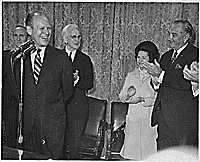 H0036-4. President and Mrs. Lyndon Baines Johnson; Senate Majority Leader Mike Mansfield; Speaker of the House John McCormack, and others salute House Minority Leader Gerald R. Ford in the East Room. 1967. 