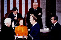 Gerald Ford takes the oath of office as Vice President, in a ceremony administered by Chief Justice Warren Burger and witnessed by Betty Ford, President Richard Nixon and a joint session of Congress. December 6, 1973. 