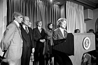 Mrs. Ford reads President Ford's concession speech to the press. November 3, 1976