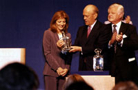 Caroline Kennedy and Senator Ted Kennedy present President Ford with the John F. Kennedy Foundation’s Profiles in Courage Award. May 21, 2001.