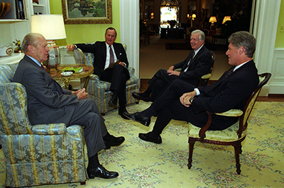 Three former presidents join President Bill Clinton in the White House for a NAFTA Breakfast Meeting, September 14, 1993.  