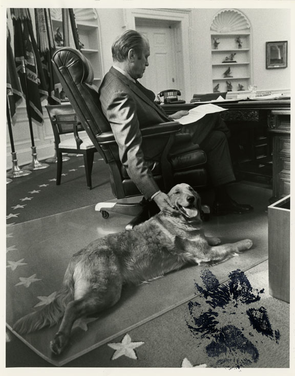 President Gerald R. Ford and his dog Liberty signed with a "pawtograph"