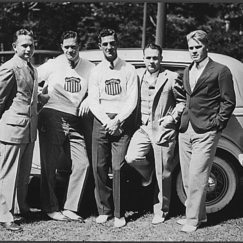 H0035-1 - Gerald Ford at the University of Michigan, with fellow football players Russell Fuog, Chuck Bernard, Herman Everhardus, and Stan Fay, 1934.