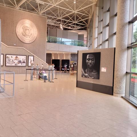 The lobby of the Museum in Grand Rapids displays a collection of art from various artists.