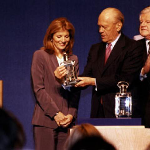 NLK 01-C17F:23. Caroline Kennedy and Senator Ted Kennedy present President Ford with the John F. Kennedy Foundation’s Profiles in Courage Award.  May 21, 2001.