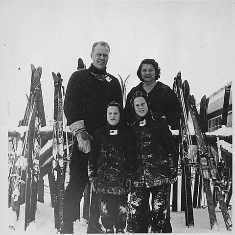 The Fords skiing with their sons John "Jack" and Michael "Mike" at Boyne Mountain, Michigan.