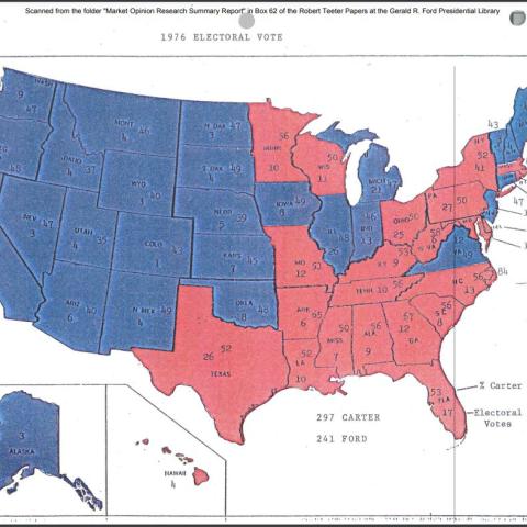 The 1976 Electoral Vote Map shows each US state in either red or blue. Carter won 297 to 241.  
