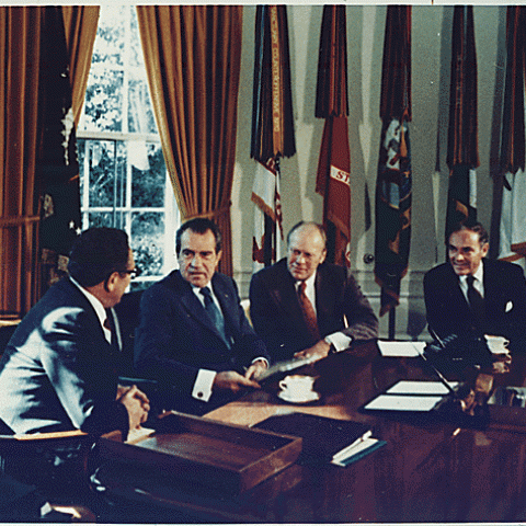 H0033-2. President Richard M. Nixon meets in the Oval Office with Vice President Gerald R. Ford, Secretary of State Henry A. Kissinger, and Chief of Staff Alexander Haig. 1973.