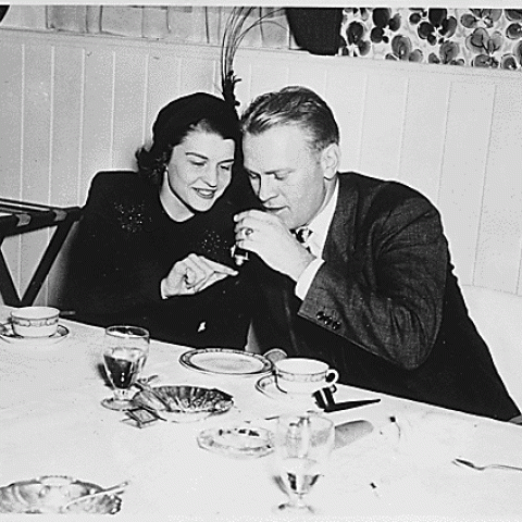 H0038-2. Gerald R. Ford, Jr., and Betty Bloomer Warren at their wedding rehearsal dinner, Grand Rapids, MI. October 14, 1948.