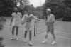 A5564-04. President Ford, Chief of Staff Donald Rumsfeld, and David Kennerly, Personal Photographer to the President, following a tennis match on the White House Tennis Courts.  July 16, 1975.  