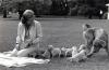 A6796-11. First Lady Betty Ford  and her pet golden retriever,  Liberty, watch over Liberty’s puppies on the South Lawn of the White House. October 5, 1975.