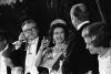 B0593-31. President Ford, Vice President Nelson Rockefeller, and Queen Elizabeth II raising their glasses in a toast at a state dinner honoring Her Majesty.  July 7, 1976.
