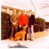 H0072-7. Gerald R. Ford poses with his sons Steve, Jack, and Mike and their golden retriever Brown Sugar in the back yard of the family residence at 514 Crown View Drive, Alexandria, VA. December 1972.