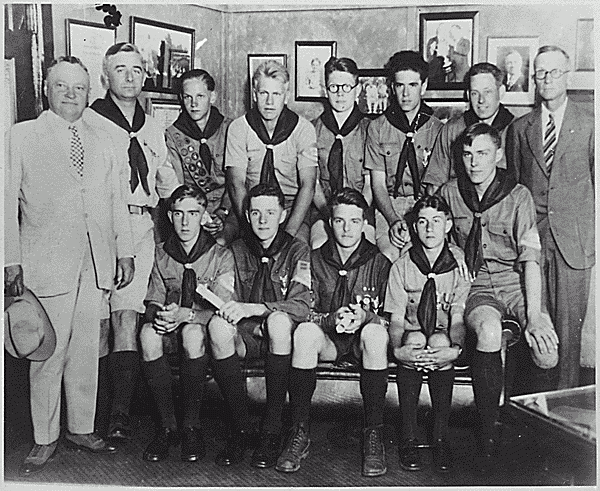 H0054-1. Gerald R. Ford, Jr. poses with other Eagle Scouts and Michigan Governor Fred Green during a photo opportunity on Mackinac Island, MI. August 1929.