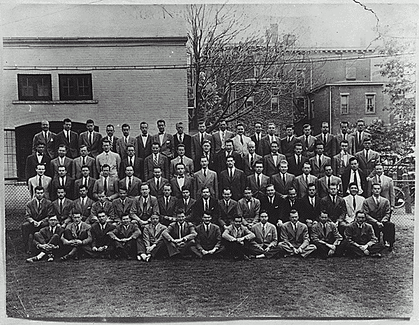 H0071-1. Courbey Court eating club of Yale University, New Haven, CT. Gerald R. Ford, Jr., is the eighth person from the left in the back row. 1940.