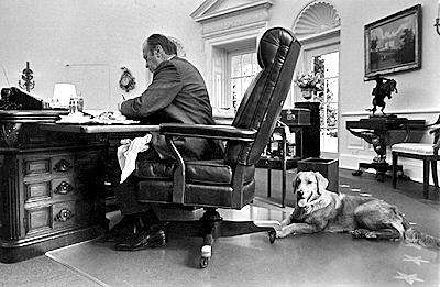 A1813-23. President Ford and his dog Liberty in the Oval Office. November 7, 1974