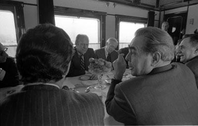 A2107-36A. The American official party and the Soviet  welcoming committee traveled by train from Vozdvizhenka Airport to the site of  the summit, Okeansky Sanatorium, near Vladivostok. . November 23, 1974.