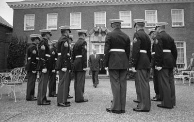 A5750-10. President Ford departs the American Embassy for bilateral talks at the Soviet Embassy with  Soviet General Secretary Leonid Brezhnev. August 2, 1975.