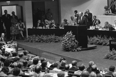A5755-35. President Ford addresses delegates during the Plenary Session of the Conference on Security and Cooperation in Europe in Finlandia Hall.  August 1, 1975. 
