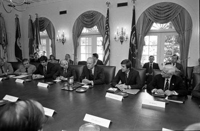 A8923-07. President Ford conducts a meeting to discuss a Federal initiative to immunize all Americans against the swine flu influenza.  March 24, 1976.