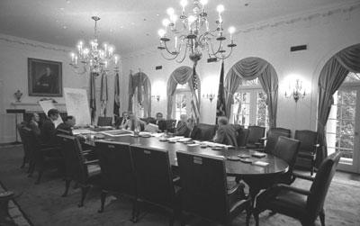 B0254-11. President Ford conducts a meeting with his national security team to discuss the evacuation of Americans from Beirut.  June 17, 1976.  