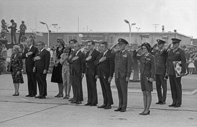 B0285-19A. President Ford and Secretary of State Henry Kissinger join the Meloy and Waring families at Andrews Air Force Base for the arrival ceremony of the remains of U.S. Ambassador to Lebanon Francis E. Meloy, Jr. and Economic Counselor Robert O. Waring, who were assassinated by terrorists in Beirut.  June 19, 1976.  