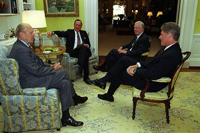 P7357-07a. Three former presidents join President Bill Clinton in the White House for a NAFTA Breakfast Meeting, September 14, 1993.