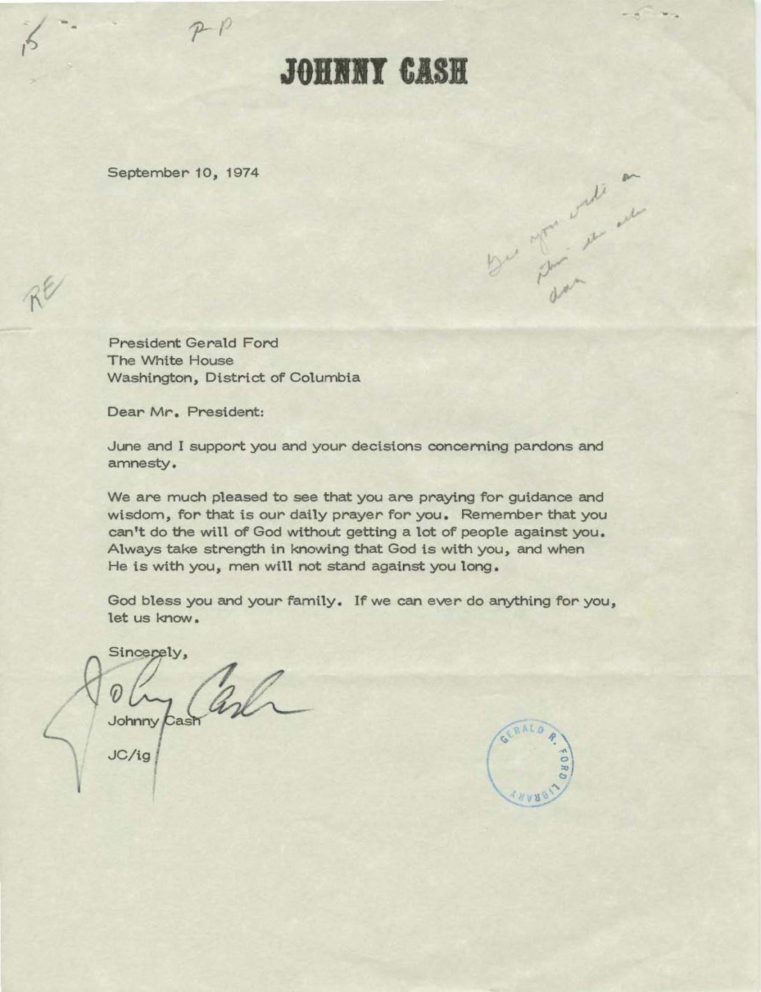 A typed letter from Johnny Cash to President Ford