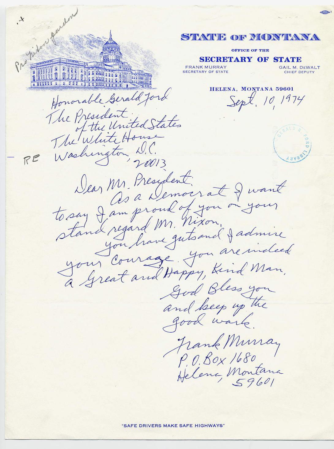 A handwritten letter from Frank Murray to President Ford