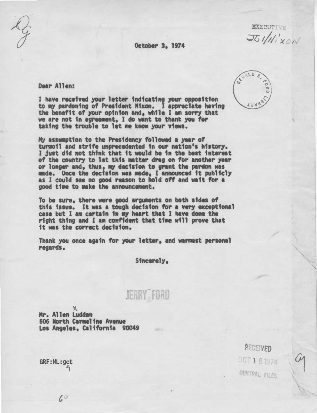 A typed response from President Ford to Allen Ludden