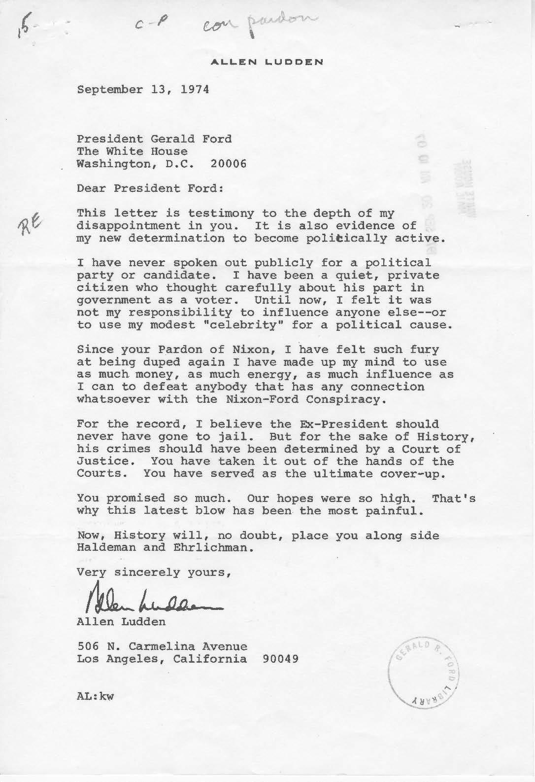 A typed letter from Allen Ludden to President Ford