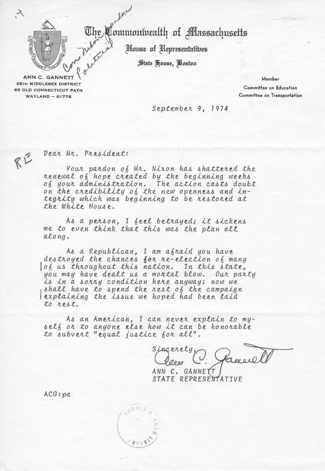 A typed letter from Ann C. Gannett to President Ford