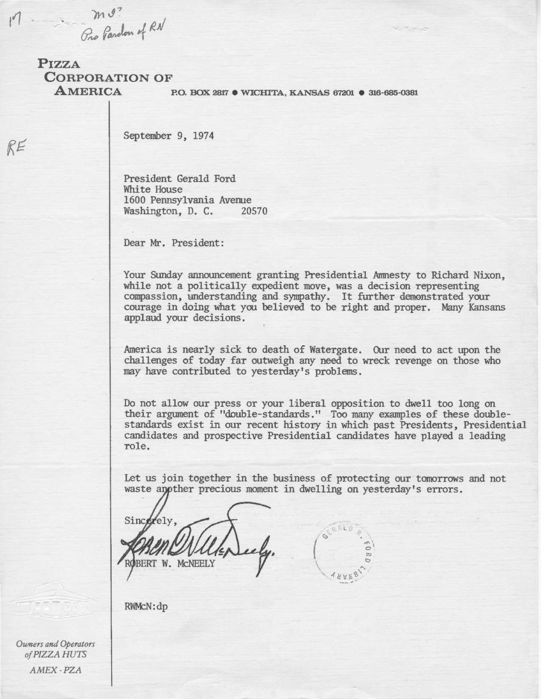 A typed letter from Robert McNeely to President Ford