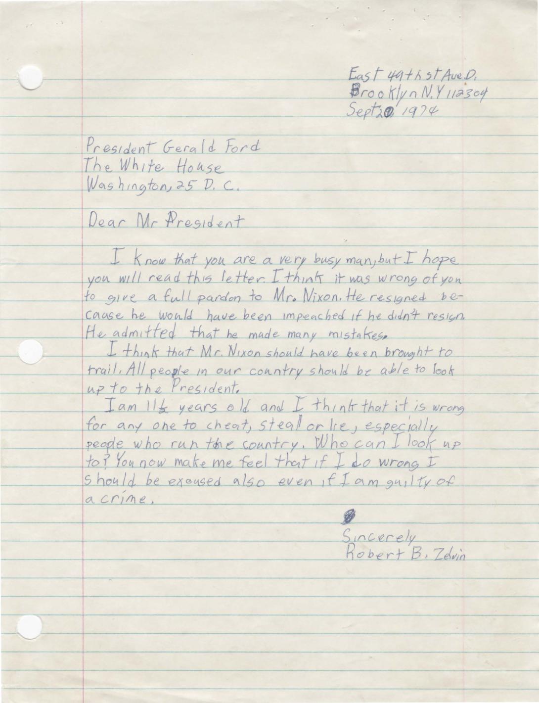 A handwritten letter from Robert B. Zelvin to President Ford