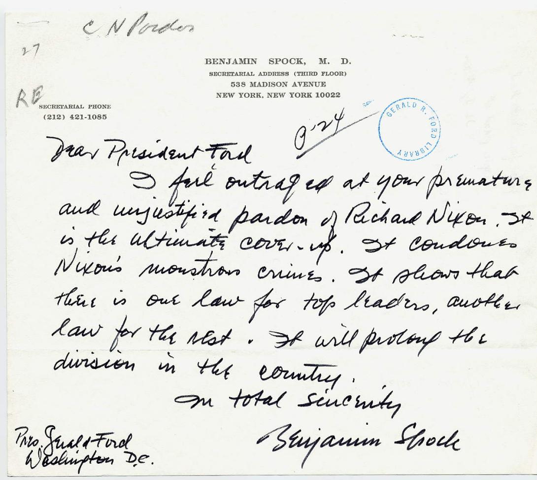 A handwritten letter from Dr. Benjamin Spock to President Ford