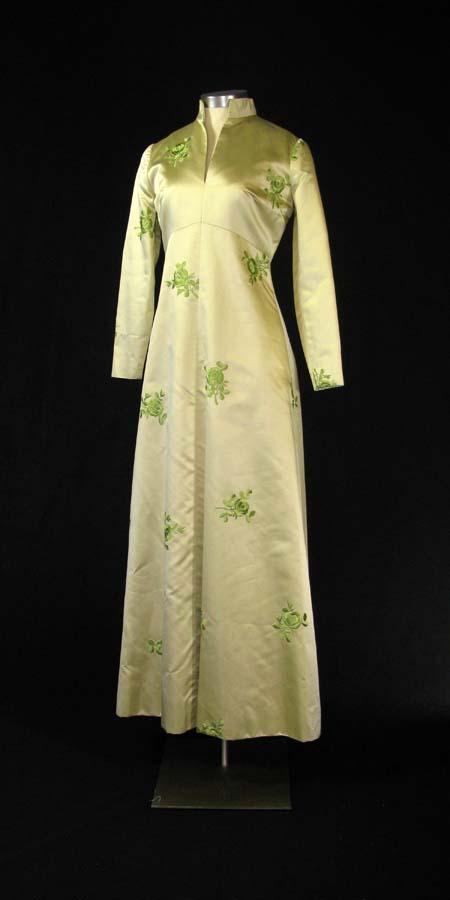 Olive green gown with embroidered flowers