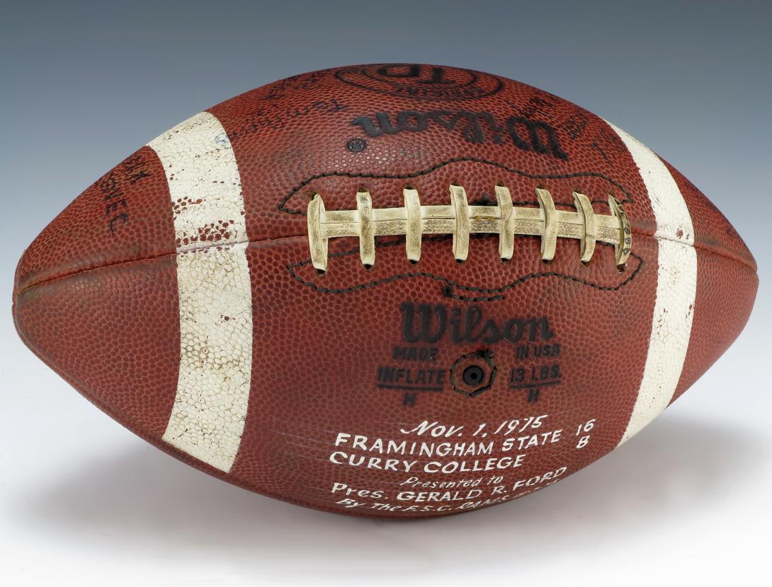 Football signed by 1975 Framingham State College Rams