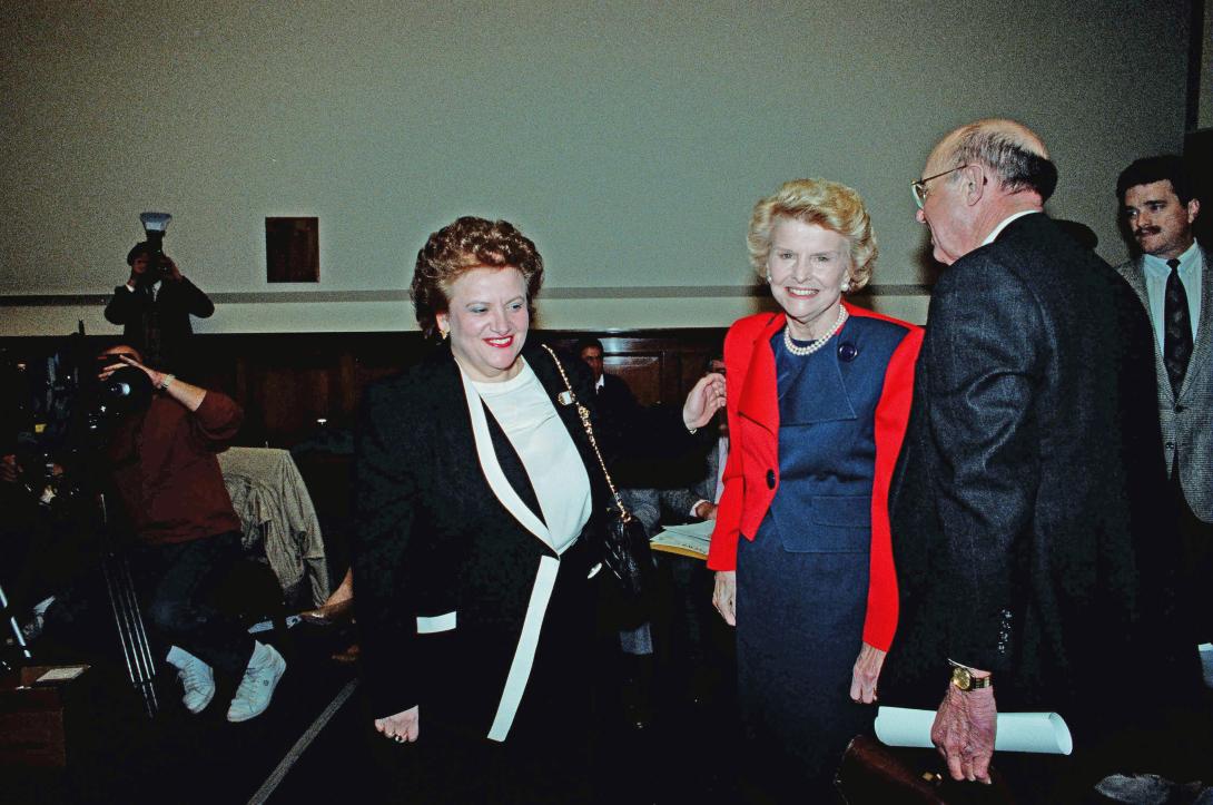 2008-NLF-022-15. Congresswoman Mary Rose Oakar (D-OH) greets Betty Ford as she arrives to testify before the Select Committee on Aging Sub