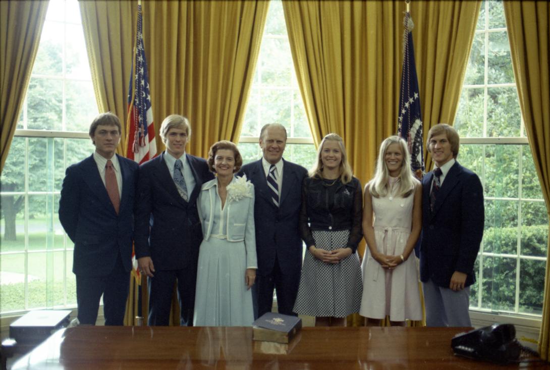 A0013-11. The Ford Family in the Oval Office prior to the swearing-in of Gerald R. Ford as President. August 9, 1974. (left to right) Jack, Steve, Susan, Gayle, and Mike.