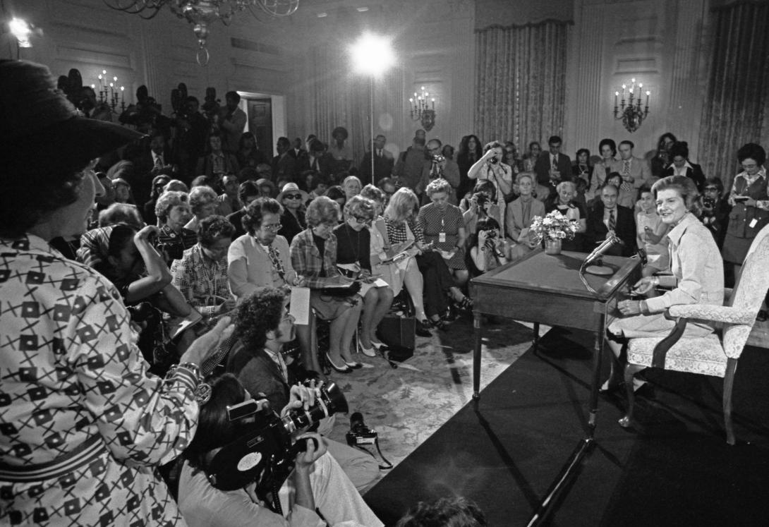A0512-17A. Betty Ford hosts her first press conference as First Lady in the White House State Dining Room.  September 4, 1974.