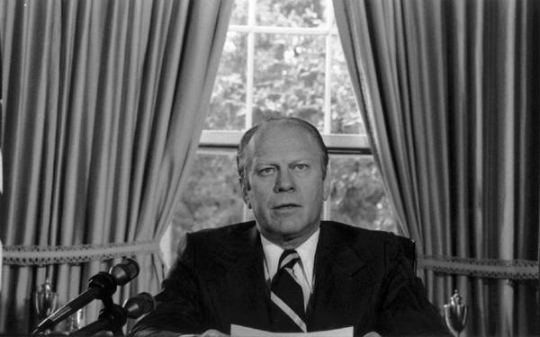 A0627-13. President Ford announcing his pardon of Richard Nixon from the Oval Office. September 8, 1974.