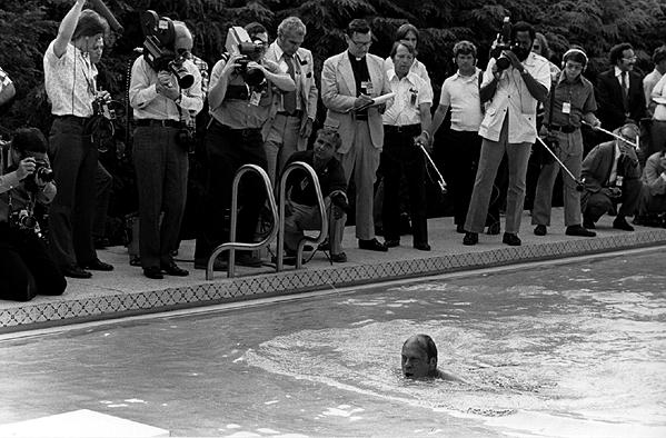 A5407-13. President Ford takes his first swim in the new White House swimming pool.   July 5, 1975. 