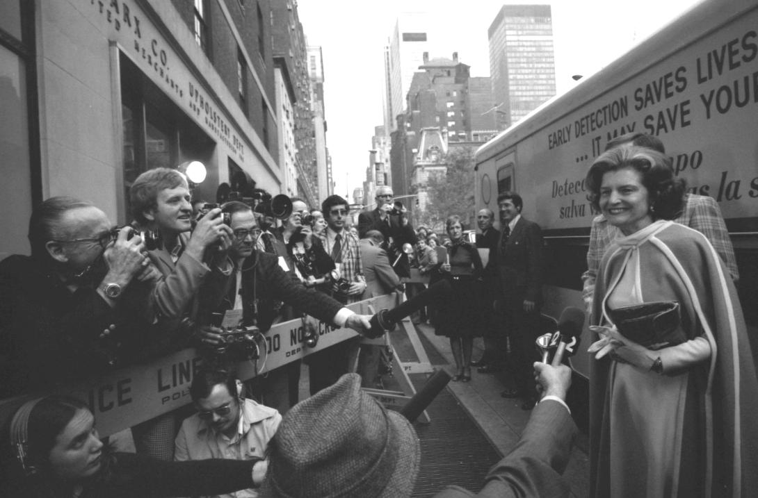 A7230-10A. First Lady Betty Ford answers questions from the press prior to touring the Guttman Institute for Early Detection of Breast Cancer, New York, New York.   November 7, 1975.