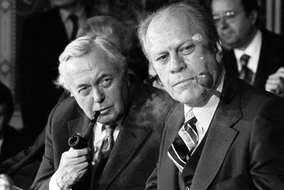A7344-17. President Ford with British Prime Minister Harold Wilson during a press conference at the International Economic Summit in Rambouillet, France.  November 17, 1975. 