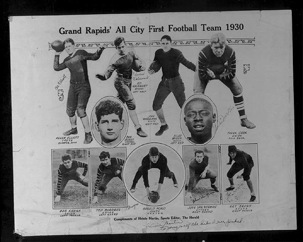 AV82-18-11. Grand Rapids All-City High School football team. Gerald Ford is at bottom center. 1930.