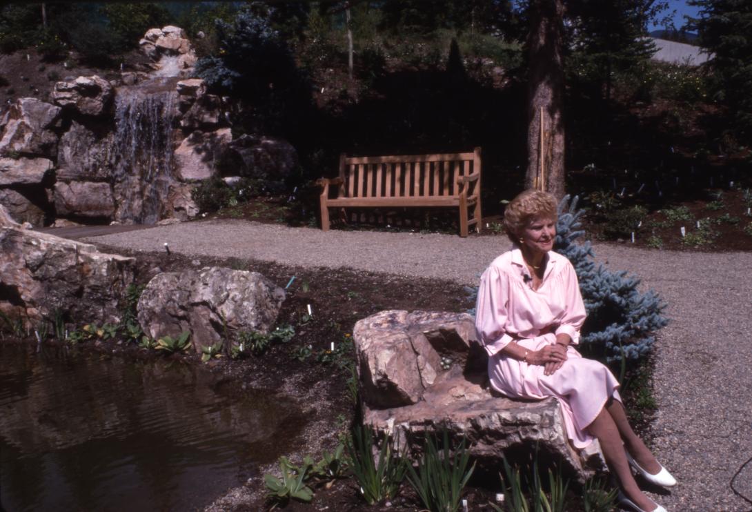 2008-NLF-020-1. The former First Lady sits in the Betty Ford Alpine Gardens, created in honor of her strong support of and contributions to the Vail Valley community. August 1989.