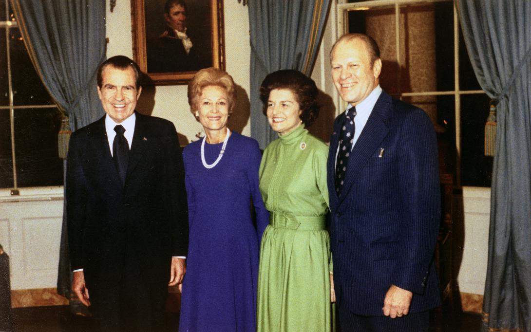 H0033-1. President and Mrs. Richard Nixon with Gerald and Betty Ford in the Blue Room of the White House following Representative Ford's nomination to succeed Spiro T. Agnew as Vice President. October 12, 1973.