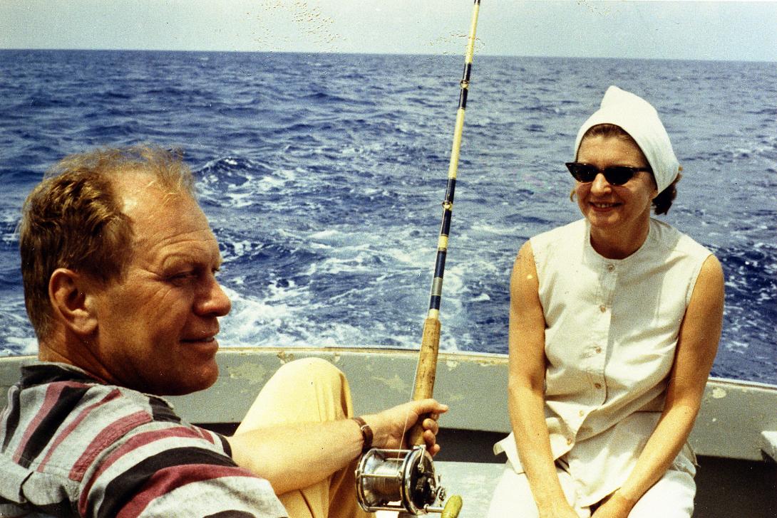 H0034-3. Gerald R. Ford and Betty Ford talk while Mr. Ford tries some deep-sea fishing during a vacation trip to Free Town, Eleutheria, Bahamas, with other Republican Congressmen and their wives. April 1966.