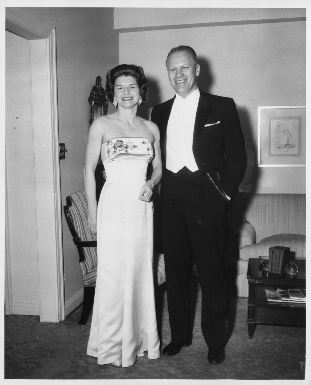 H0039-4. Congressman Gerald Ford and wife Betty dressed for a White House reception. April 18, 1961.