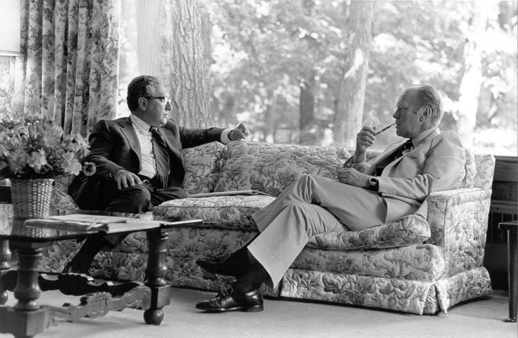 A5387-30. President Ford meets with Secretary Kissinger at Camp David. July 5, 1975.